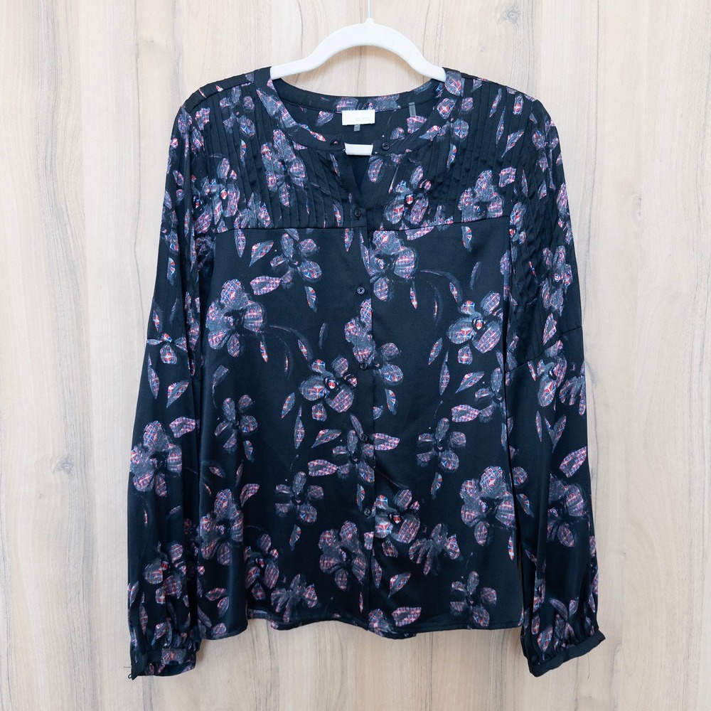 Anthropologie‎ Ecru Silk Floral Blouse Size L Black Long Sleeve Romantic Boho
